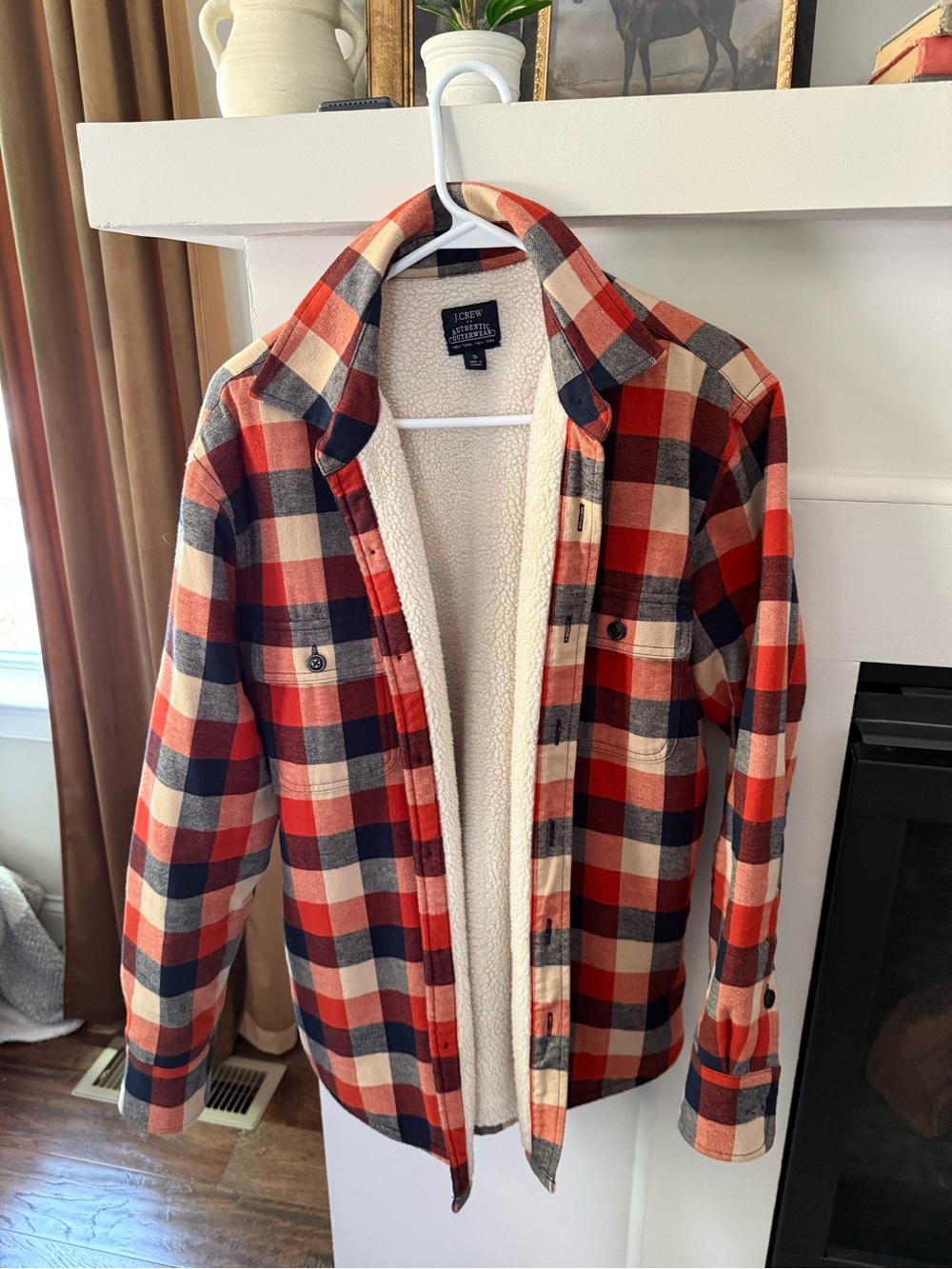 J. Crew Red, Navy & Cream Plaid Sherpa-Lined Shirt Jacket